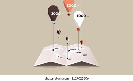 Paper Booklet With Worldmap And Colorful Balloons Over It. Flat Vector Illustration. Compare Concept.