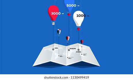 Paper Booklet With Worldmap And Colorful Balloons Over It. Flat Vector Illustration. Compare Concept.