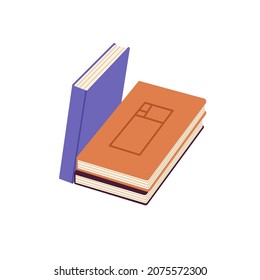 Paper books. Abstract fiction literature, novels for reading. Academic dictionary, school textbook lying and standing. Encyclopedias in hardcover. Flat vector illustration isolated on white background