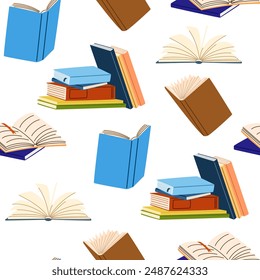 Paper books pattern. Seamless background with literature repeating print. Printable texture for wrapping, wallpaper. Endless backdrop design for bookstore. Colored flat vector illustration  
