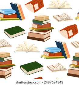 Paper books pattern. Seamless background with literature repeating print. Printable texture for wrapping, wallpaper. Endless backdrop design for bookstore. Colored flat vector illustration  