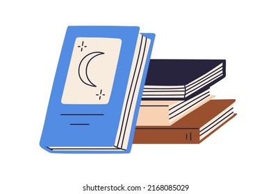 Paper books stack. Abstract mystic literature pile. Esoteric reading on astrology. Fictions, novels, stories, academic textbooks and fairytales. Flat vector illustration isolated on white background