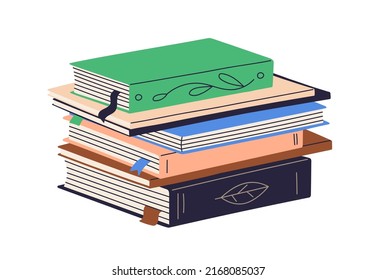 Paper books stack with bookmarks. Abstract academic, fiction literature for reading, professional knowledge, education, studying. Textbooks pile. Flat vector illustration isolated on white background