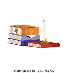 Paper books stack with old candlestick. Pile of novels with candle. Heap of thick fictions with decorated cover. Private library. Reading sticker. Flat isolated vector illustration on white background