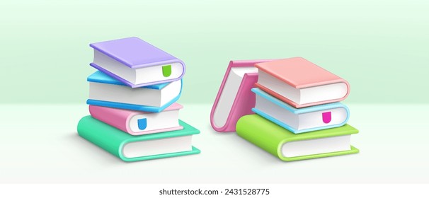 Paper books in stack. Realistic 3d vector illustration set of piles of textbooks with colorful hardcover, white pages and markers for school education and reading concept. Tower of close literature.