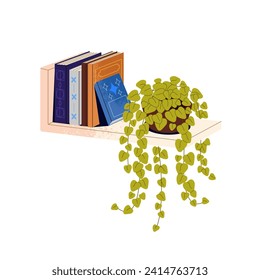 Paper books standing on bookcase. Houseplant, flower on shelf of home literature. Reading hobby. Education sticker. Cozy interior decoration. Flat isolated vector illustration on white background