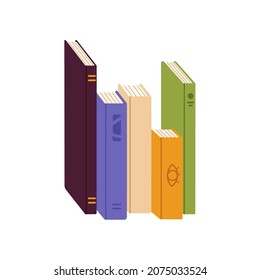 Paper books standing in row. Different abstract textbooks from library, school and academic literature, dictionaries, novels in covers. Colored flat vector illustration isolated on white background