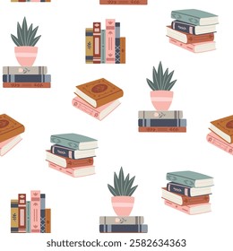 Paper books vector seamless pattern. Stacks of books for reading. Background with abstract literature. Reading vector collection.