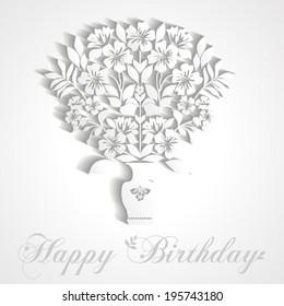 Paper bouquet of flowers in a vase with shadow Happy Birthday card. Trendy Design Template. vector illustration 