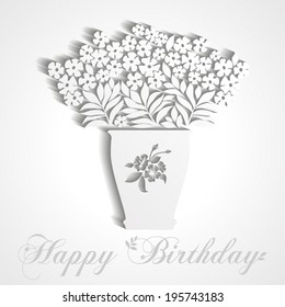 Paper bouquet of flowers in a vase with shadow Happy Birthday card. Trendy Design Template. vector illustration 