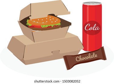 Paper box with burger, cola and chocolate. Kids school lunchbox or office break time. Junk food flat vector illustration