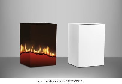 Paper Box, For Charcoal On Gray Background, Barbecue Template, Packaging Example. Burning Paper And Fire