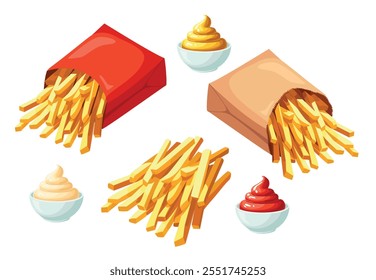 Paper box with delicious French fries with a set of different sauces on a white background. Fast food. Vector illustration in eps 10. Suitable for menu, recipe and cookbook 