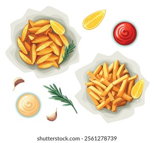 Caixa de papel com deliciosas batatas fritas francesas com um conjunto de diferentes molhos em um fundo branco. Fast food. Ilustração vetorial em eps 10. Adequado para menu, receita e livro de receitas 