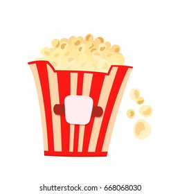 Paper box full of popcorn isolated on white background. Delicious appetizer for watching movies. Cartoon style. Flat design. Vector Illustration.