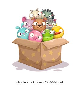 Paper box full of round stuffed animal toys. Vector childish illustration.