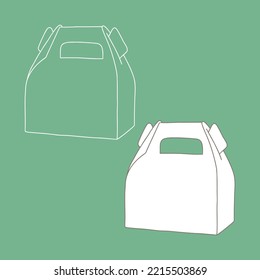 Paper box paper box with handle mockup. Empty, vector cardboard container template. Delivery service concept. Linear, vector, realistic, outline illustration.