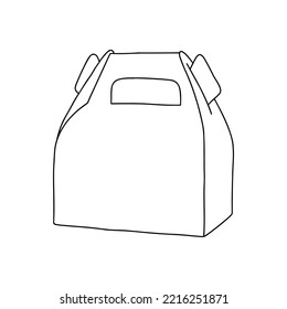 Paper box paper box with handle mockup. Empty, vector cardboard container template. Delivery service concept. Linear, vector, realistic, outline illustration.