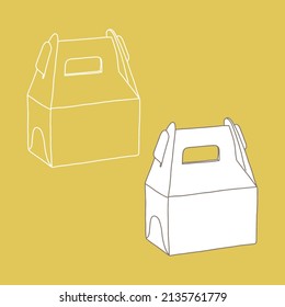 Paper box paper box with handle mockup. Vector illustration. Empty cardboard container template. Delivery service concept. Copy space. Linear, vector, realistic, outline illustration.