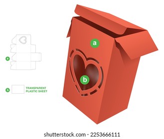 Paper box with heart window die cut template and 3D mockup