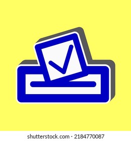 Papel en un icono de caja. Icono azul con trazo blanco en 3d en fondo amarillo. Ilustración.