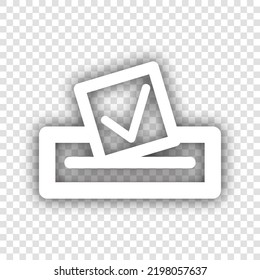 Paper in a box icon. White Icon with dropped natural gray Shadow at transparent Background. Illustration.