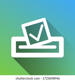 Paper in a box icon. White Icon with gray dropped limitless shadow on green to blue background. Illustration.