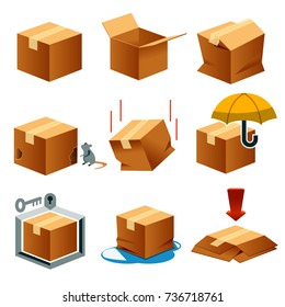 Paper box for logistics isometric view concept set 1. Element mapping transportation. Standard Delivery Process. Storage of goods.