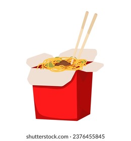 Paper box noodles and chopsticks. Vector illustration.  Asian fast food concept. Opened WOK. Chinese fast food.  Isolated on a white background. 