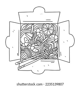 Paper box with noodles with shrimps and vegetables in hand drawn doodle style. Top view of a horizontal.