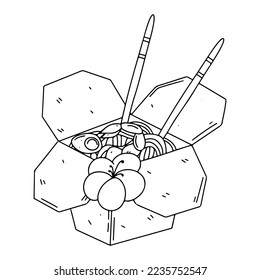 Paper box with noodles with shrimps and vegetables in hand drawn doodle style.