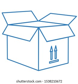 A paper box on which there is a marking in the form of two arrows, indicating where the top is, vector blue drawing, sketchy icon on a white background
