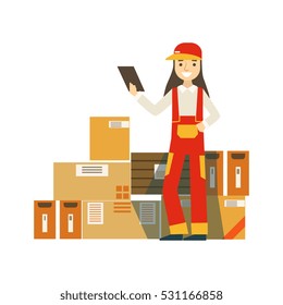 Paper Box Packages Piled Up In Warehouse With A Delivery Company Worker Standing Next Checking It With Check List