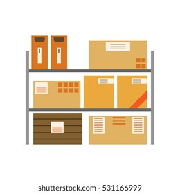 Paper Box Packages Piled In The Warehouse Metal Shelves Stored For Later Shipment And Delivery