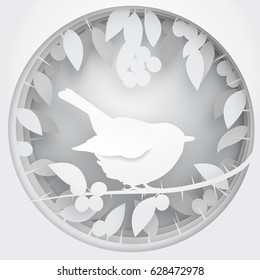 Paper box of shadow to bird on Blackthorn tree branch, vector illustration.