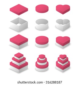 Paper box square shape, circle shape and heart shape vector design with pink color cover