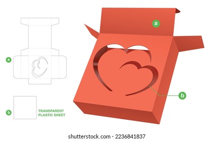 paper box with stenciled hearts window die cut template and 3D mockup