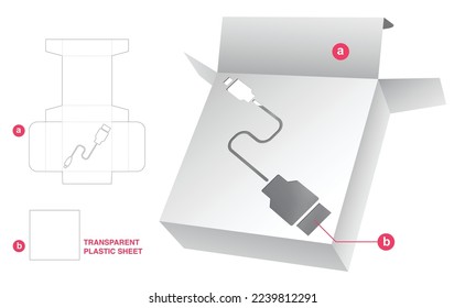 paper box with stenciled usb cable window die cut template and 3D mockup