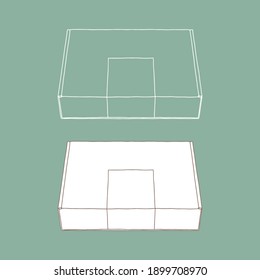 Paper box with a sticker on top mockup. Vector illustration. Empty cardboard container template. Delivery service concept. Copy space. Linear, vector, realistic, outline illustration.