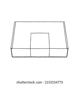 Paper box with a sticker on top mockup. Vector illustration. Empty cardboard container template. Delivery service concept. Copy space. Linear, vector, realistic, outline illustration.