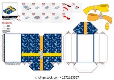 paper box template. Christmas box with a bow and ribbon