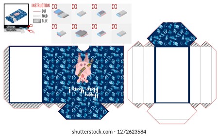 paper box template. new year pig on blue