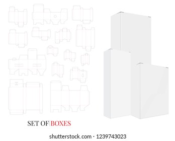 Paper Box Template, Vector with die cut / laser cut layers. Set with different designs and shapes. White, clear, blank, isolated Boxes mock up on white background. Packaging design, 3D.