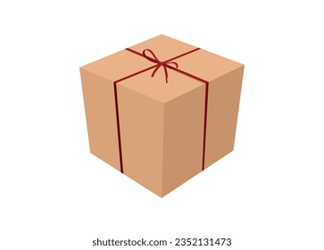 Paper box tied with plastic raffia rope. Simple flat illustration in perspective view. 