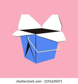 Paper box for wok noodles. Takeaway food package. Asian serving of fast food. Empty container isolated on pink background. Vector blue ramen bag with handle.