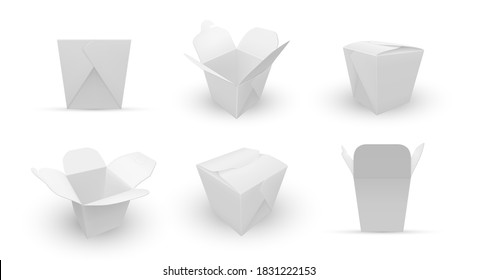 Paper boxes for chinese food mockups set. Disposable white packaging for noodles. Front, side, isometric view. Takeout snack containers templates. Vector boxes for noodles isolated on white background