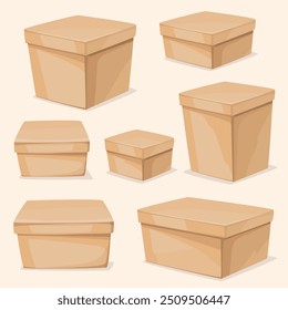 Cajas de papel de diferentes tamaños. Cajas de regalo. Paquetes. Cajas de carga. Cajas de almacenamiento. Ilustración vectorial de estilo dibujado a mano.