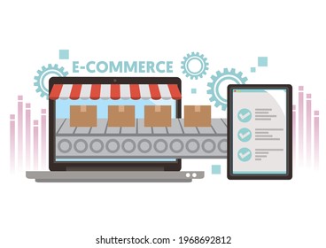 Paper boxes from a laptop with approved ticks. Concept of e-commerce, e-commerce or electronic commerce. Transaction of buying or selling goods or services online over the internet.