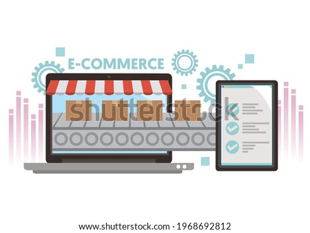 Paper boxes from a laptop with approved ticks. Concept of e-commerce, e-commerce or electronic commerce. Transaction of buying or selling goods or services online over the internet.