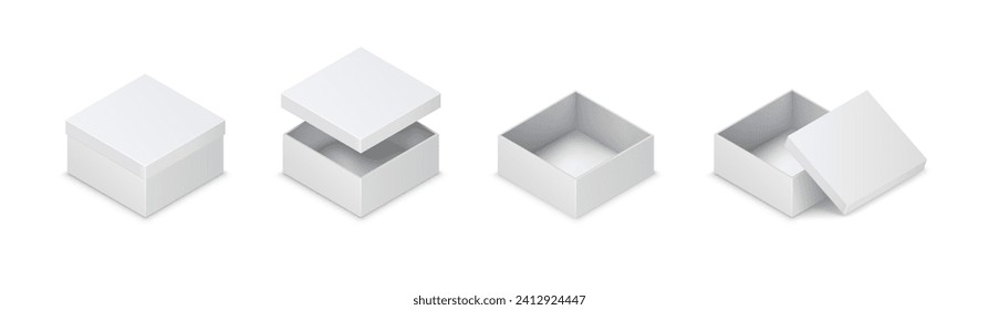 Paper boxes with lid variations realistic vector illustration set. Minimalist product packaging 3d design elements on white background